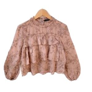 Zara Blush and Dark Blush Floral Ruffle High Neck Blouse